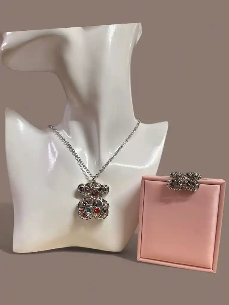 Trio Plata Ley 925 Oso Plateado Doble De Corazones Multicolor Garantia Original + Bolsa De Lujo.