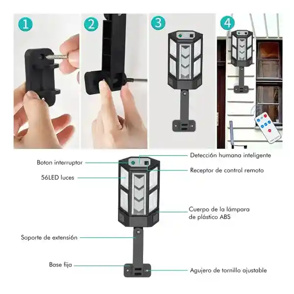 Lámpara Solar Exterior Pared Luz Impermeable 60w 2pzs Color Negro