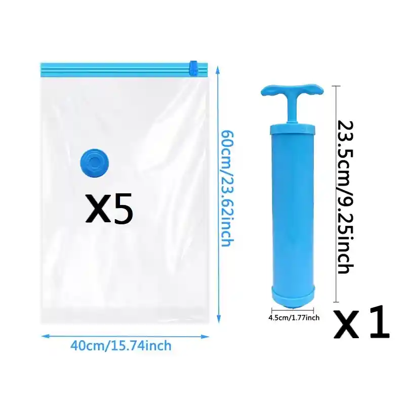 5 Bolsas Al Vacio 80x60 + Bomba Empaque Al Vacio Ahorrador Espacio