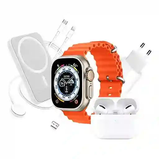 Combo Reloj Watch X8 Ultra + Audifonos In Ear + Power Bank Blanco Naranja Plateado