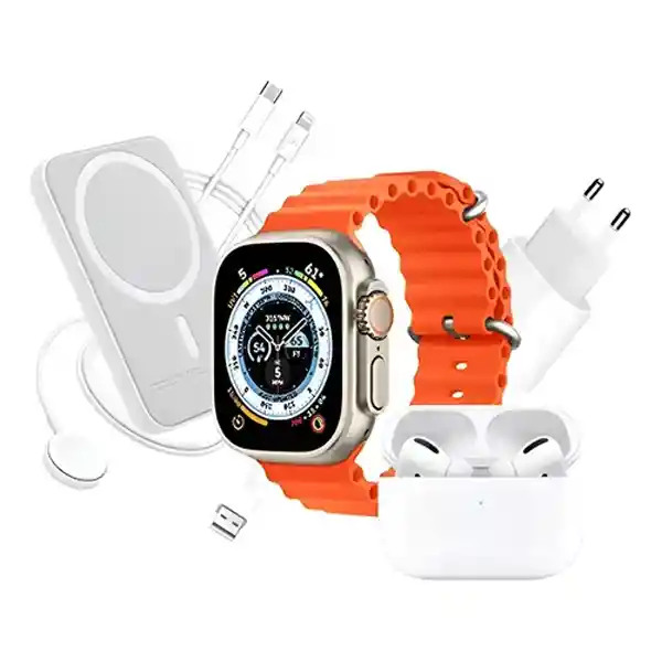 Combo Reloj Watch X8 Ultra + Audifonos In Ear + Power Bank Blanco Naranja Plateado