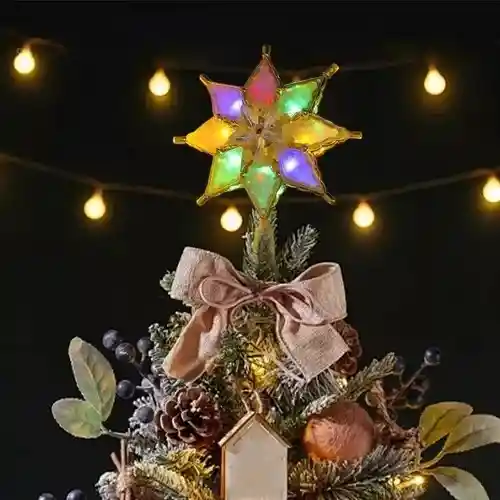 Estrella 8 Puntas Para Árbol De Navidad Grande Luz Led Multicolor Borde Dorada