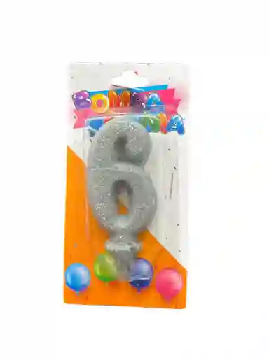 Vela Para Torta De Cumpleaños Diseño Numero Seis Color Plateado