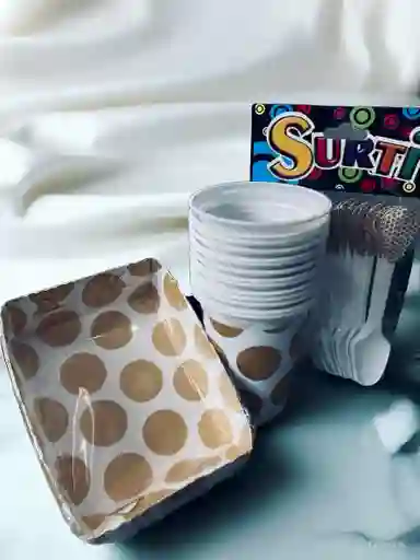 Set De Platos, Vasos Y Cucharas Con Diseño De Puntos Dorados Para Fiestas Y Piñatas