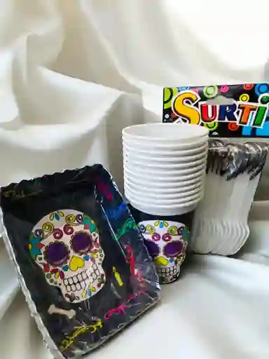 Set De Platos, Vasos Y Cucharas Con Diseño De Catrina Calavera Para Fiestas Y Piñatas
