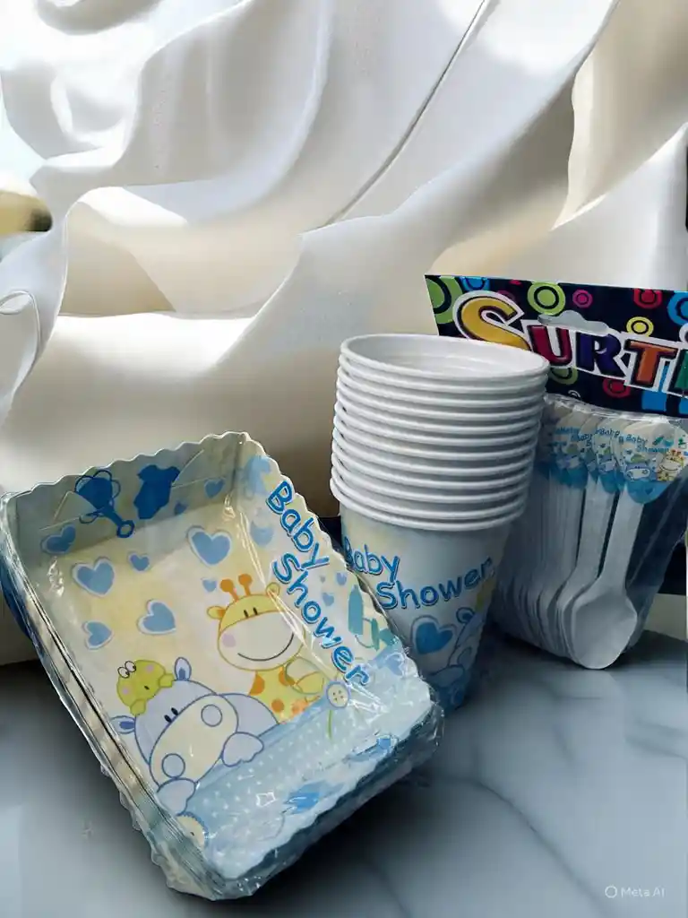 Set De Platos, Vasos Y Cucharas Con Diseño De Baby Shower Azul Para Fiestas Y Piñatas