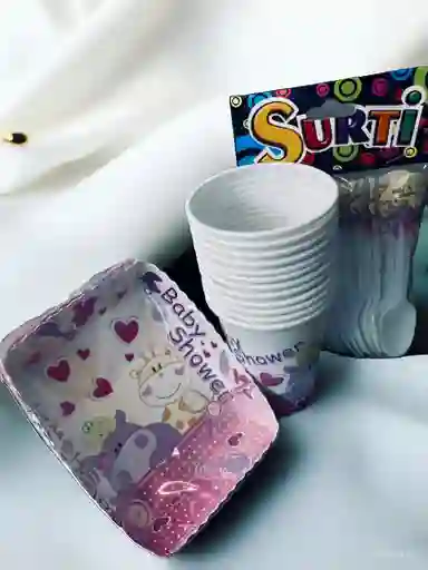 Set De Platos, Vasos Y Cucharas Con Diseño De Baby Shower Rosado Para Fiestas Y Piñatas
