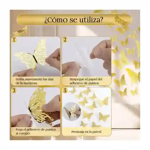 Mariposas Para Decoración De Pared Adhesivas 3d Doradas X12