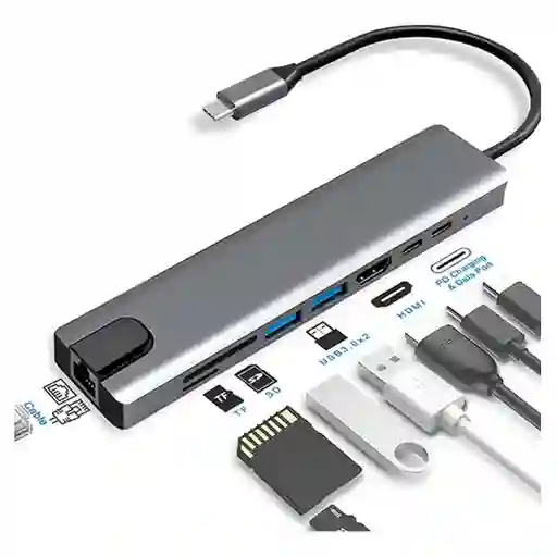 Adaptador Usb C 8 En 1 Multipuerto Ethernet Concentrador Multiplicador Rj45
