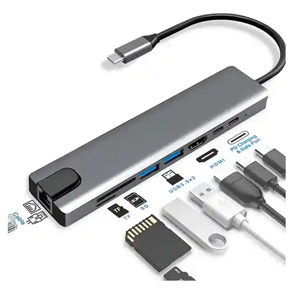 Adaptador Usb C 8 En 1 Multipuerto Ethernet Concentrador Multiplicador Rj45