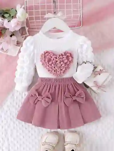 Conjunto Para Bebé Vestido 6-9 M Estampado De Corazón Y Falda