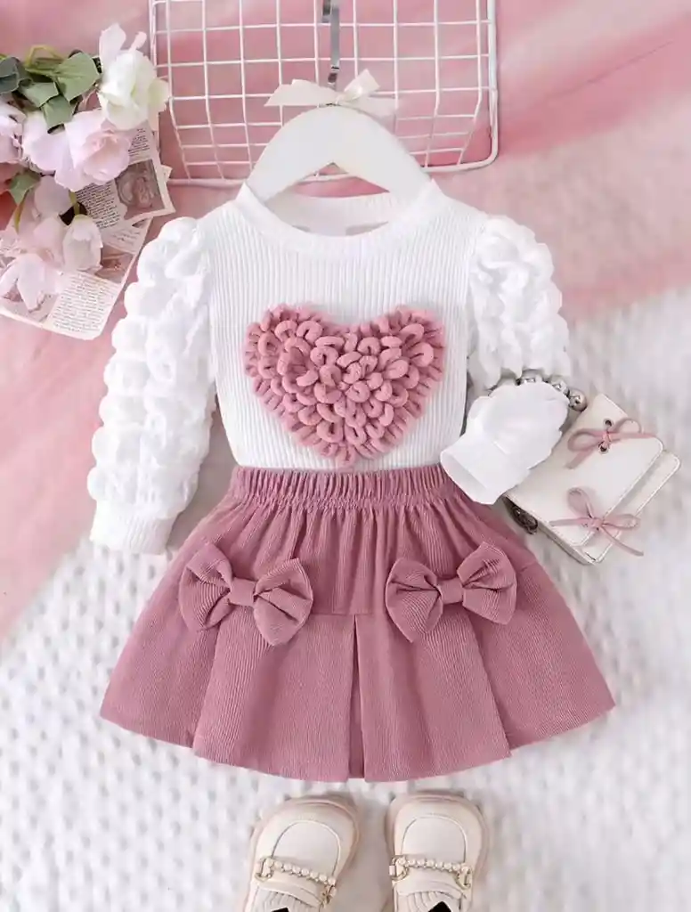 Conjunto Para Bebé Vestido 6-9 M Estampado De Corazón Y Falda