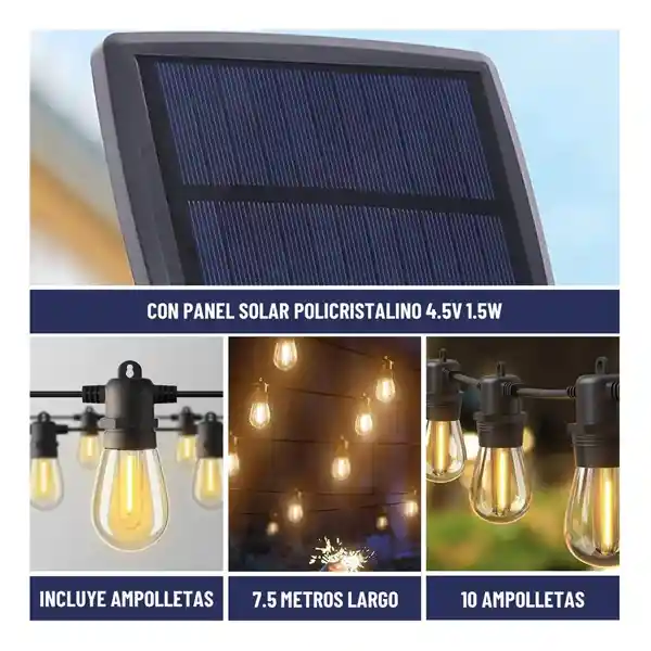 Guirnalda Luces Solar 7,5mt Exterior + 10 Ampolletas