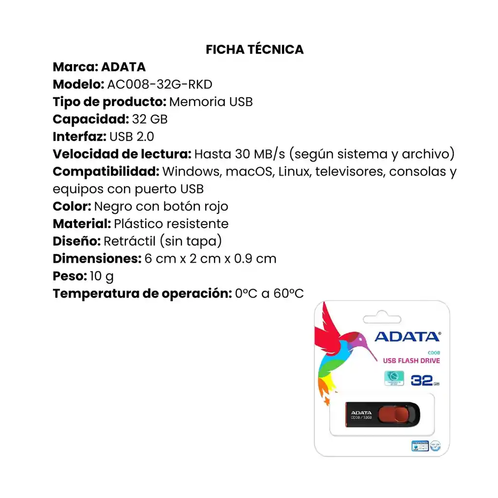 Memoria Usb Adata 2.0 C008 Retráctil 32gb - Negra