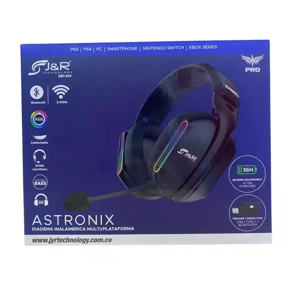 Diadema J&r Negra / Bluetooth / Usb / Tipo C/ Rgb / Doble Micrófono / Compatible Play 5/ Play 4/ Xbox / Smartphone / Pc
