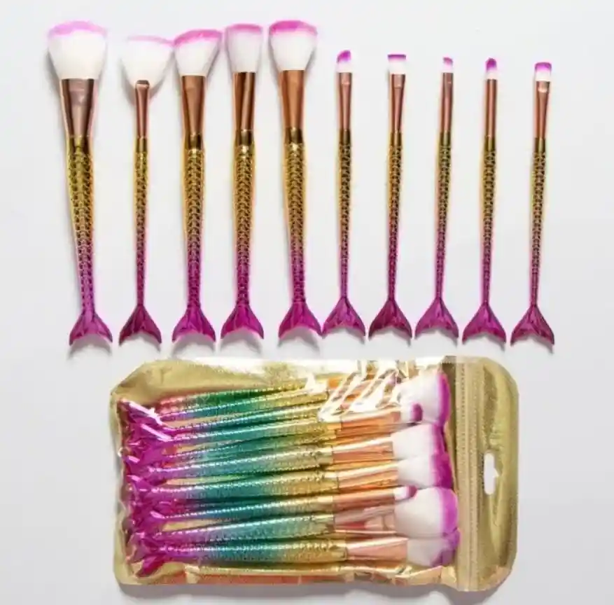 Set De 10 Brochas Cola De Sirena Para Rostro Maquillaje De Cara