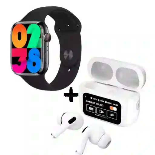 Airpods Pro 2 Con Pantalla Tatil Audifonos + Reloj Inteligente Smart Watch Mini 3 X10 Color Negro