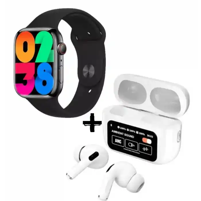 Airpods Pro 2 Con Pantalla Tatil Audifonos + Reloj Inteligente Smart Watch Mini 3 X10 Color Negro