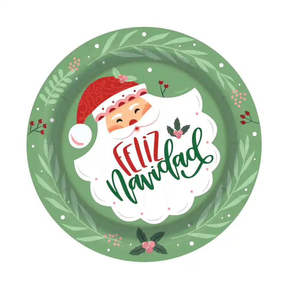 Plato Santa Feliz Navidad 7" X 8 Unidades Sempertex