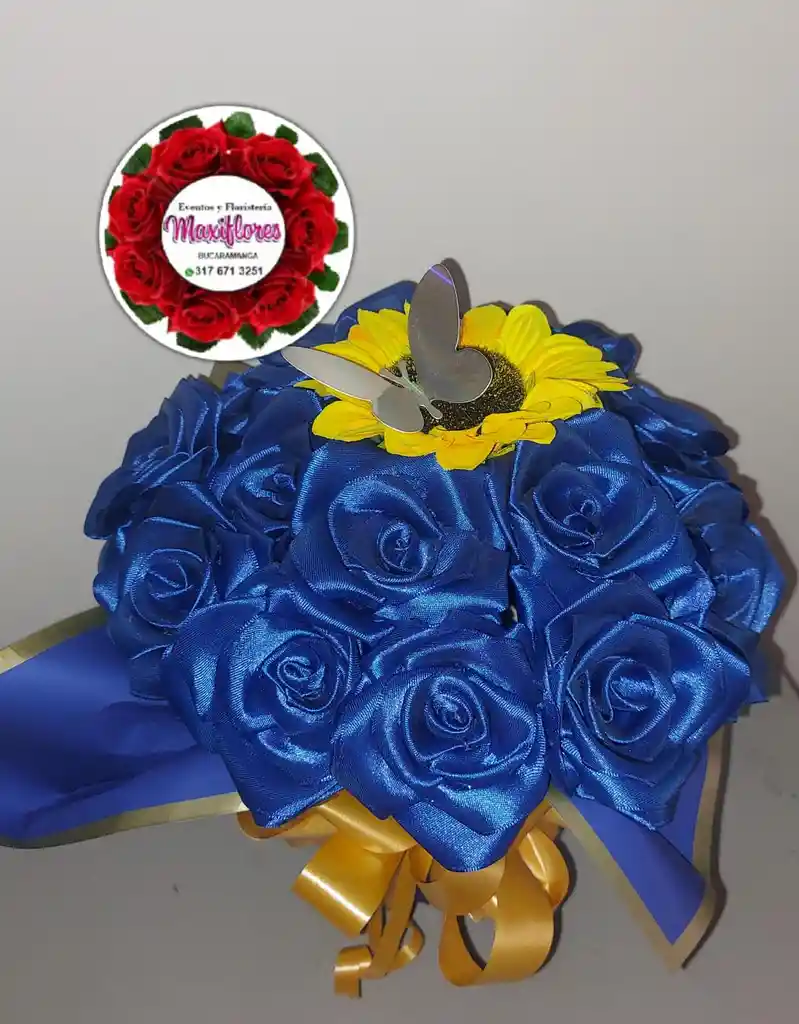 Ramo Con Rosa Azules Preservadas,girasol Y Mariposa