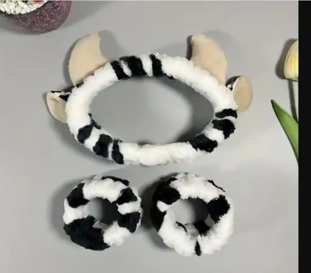Juego De Diadema Con Diseño De Vaca Y Muñequera Para Lavado De Cara De Spa, Y Maquillaje Diadema Para El Cuidado De La Piel