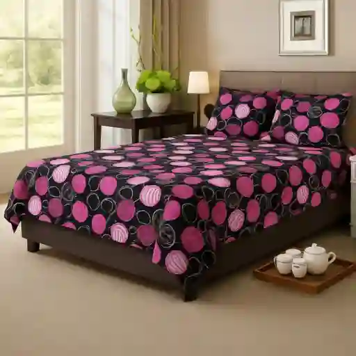 Juego De Sábanas Estampadas En Microfibra Tamaño Doble Circulos Fucsia Negro