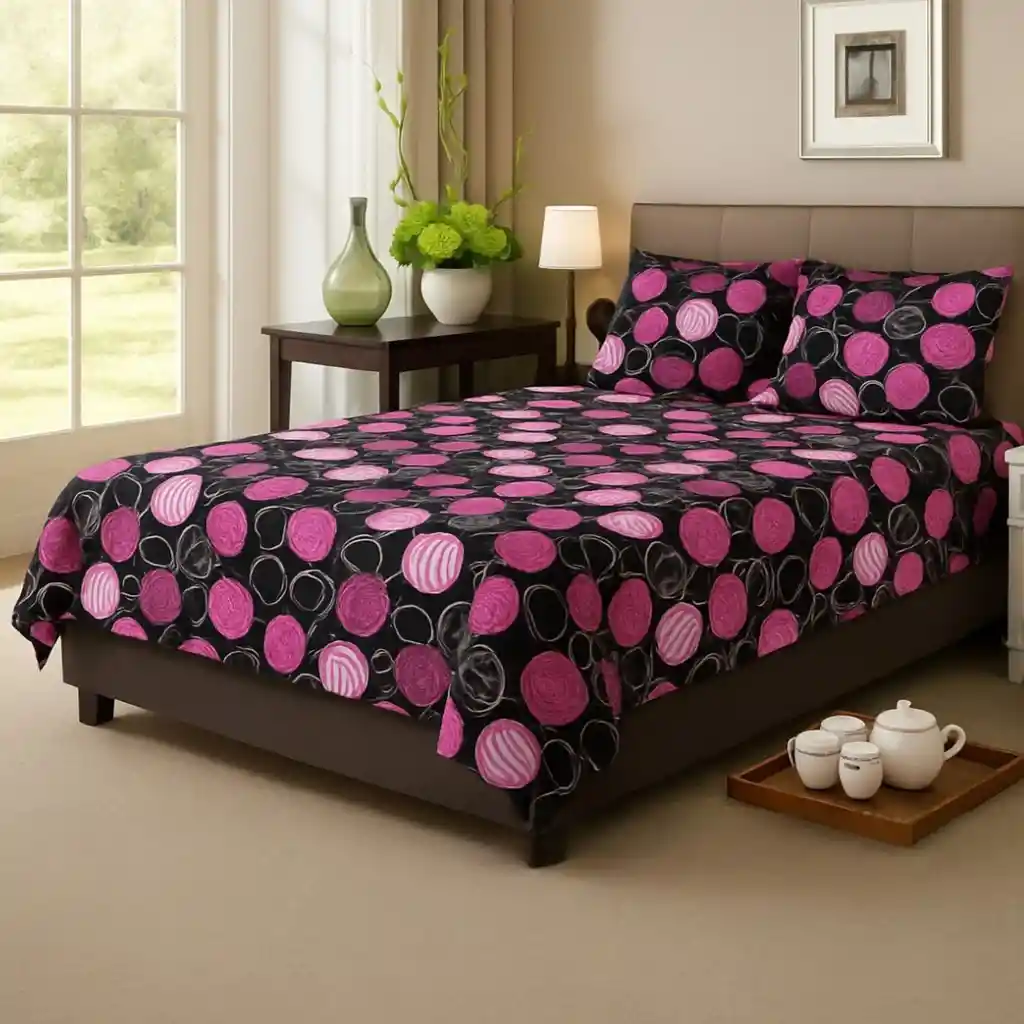 Juego De Sábanas Estampadas En Microfibra Tamaño Doble Circulos Fucsia Negro