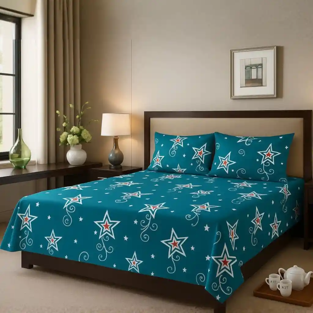 Juego De Sábanas Estampadas En Microfibra Tamaño Doble Estrellas Azules