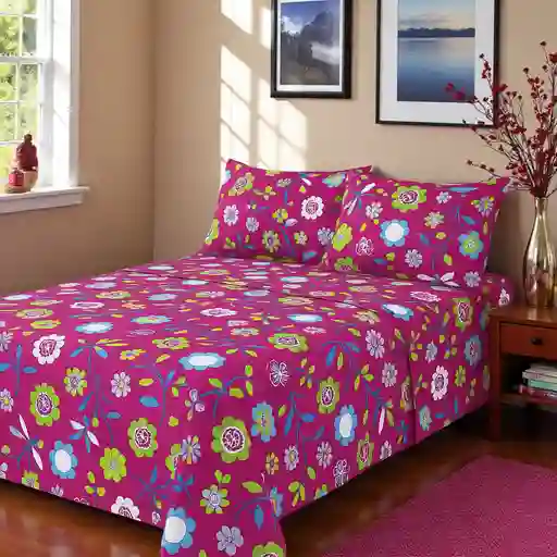 Juego De Sábanas Estampadas En Microfibra Tamaño Doble Flores Fucsia