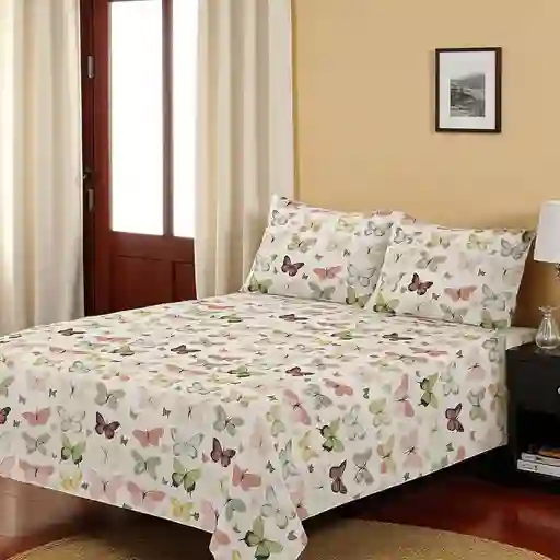 Juego De Sábanas Estampadas En Microfibra Tamaño Doble Mariposas Beige