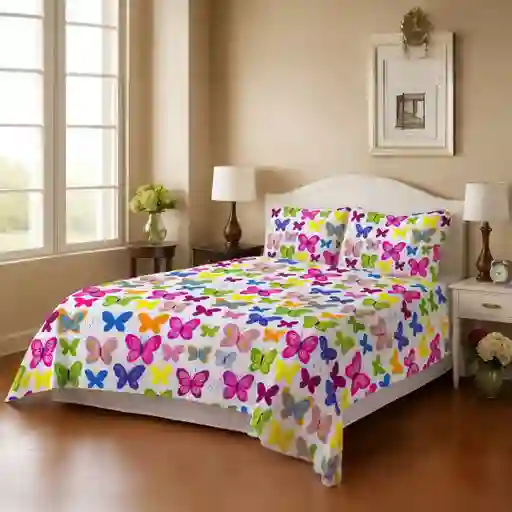 Juego De Sábanas Estampadas En Microfibra Tamaño Doble Mariposas Colores