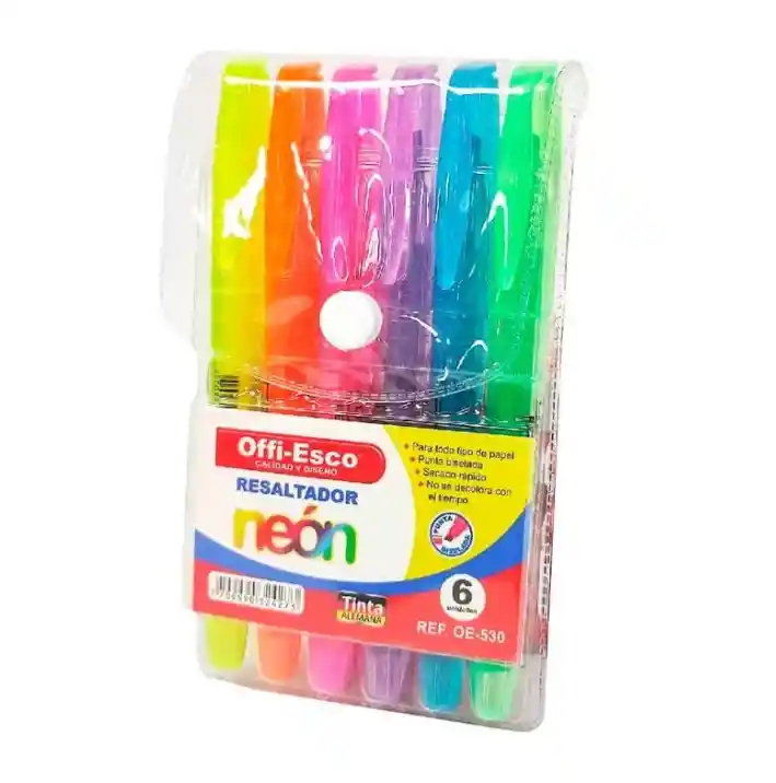 Set De 6 Resaltadores Colores Neón Offi-esco Con Punta Biselada Y Tinta Alemana De Secado Rápido