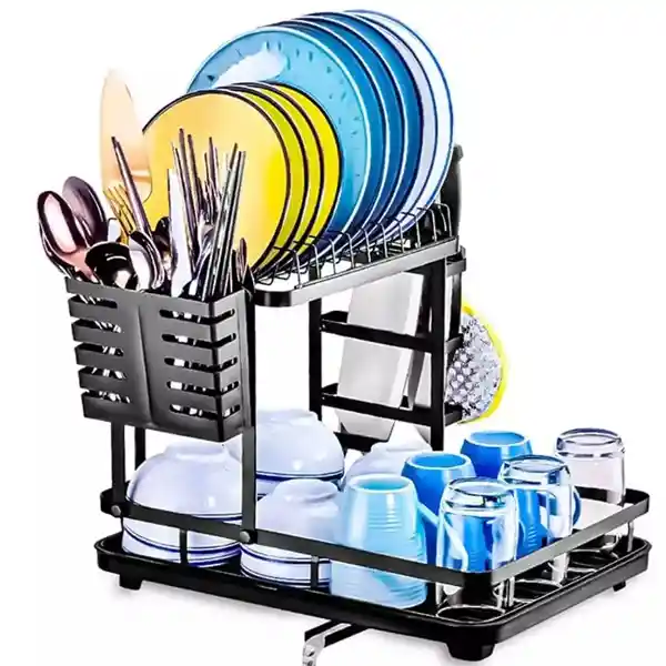 Escurridor De Platos Metálico Con Bandeja 2 Niveles Negro