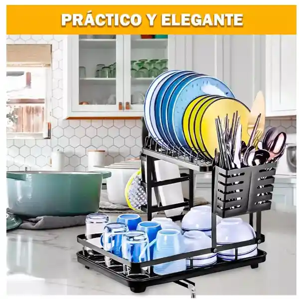 Escurridor De Platos Metálico Con Bandeja 2 Niveles Negro