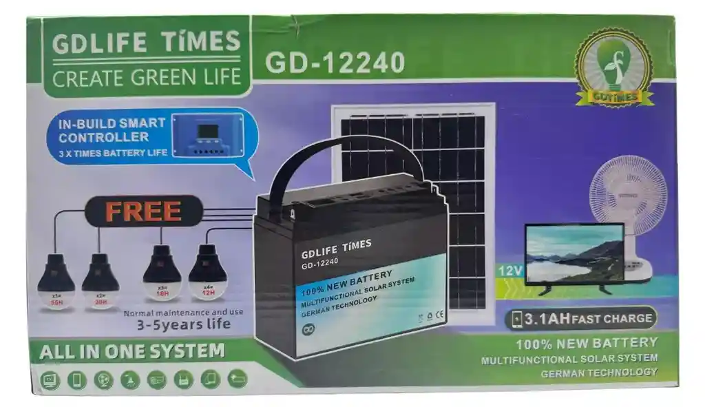 Bateria Recargable Portatil + Bombillos + Panel Solar Gd12240