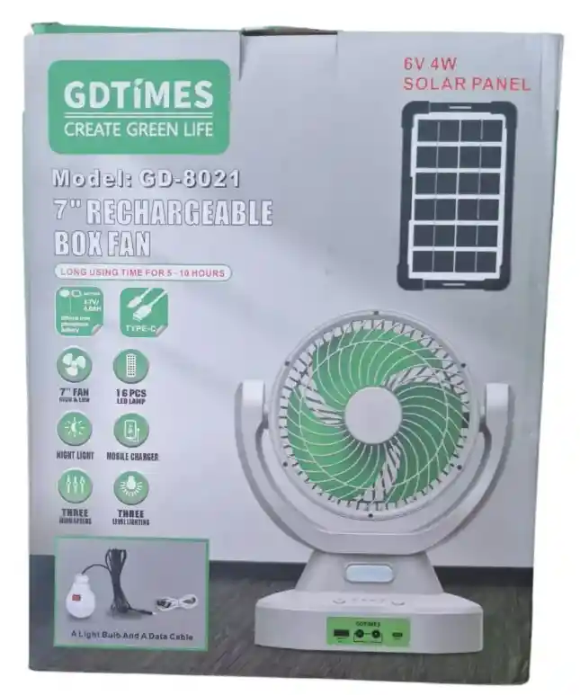Ventilador Gd-8021 Recargable + Bombillo Led Y Panel Solar