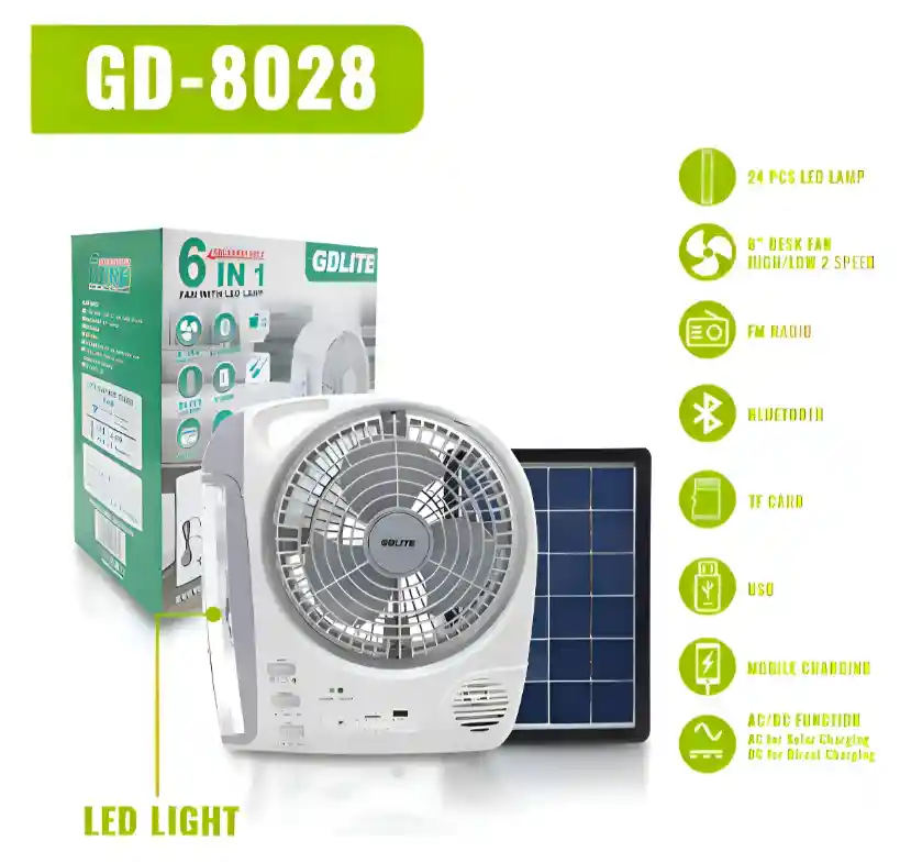 Ventilador Recargable Multifuncional Con Panel Solar Gd-8028