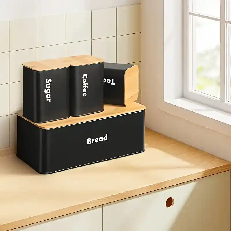 Set 4 Contenedores Metalicos Con Tapa De Bambú