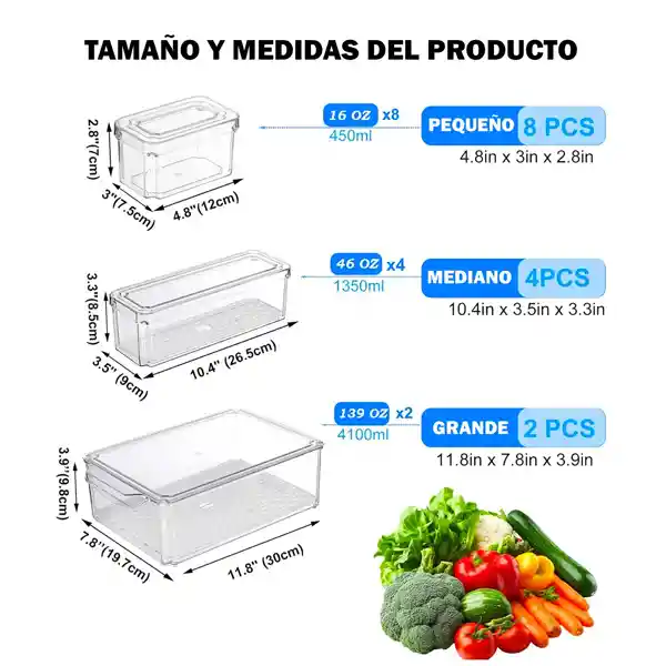 Organizador De Nevera Contenedores Alimentos Almacenamiento 14 Pcs