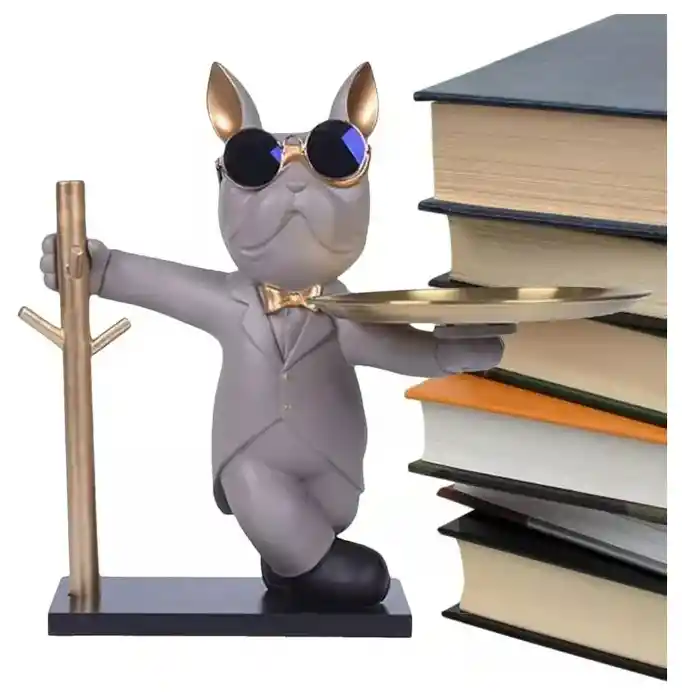 Escultura De Bulldog Francés, Figura De Perro Con Bandeja