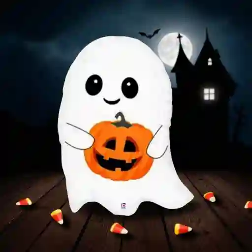 Globo Metalizado Fantasma Con Calabaza Halloween 30x25 Cm