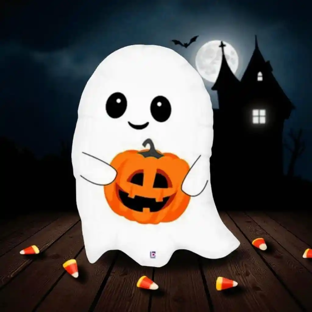 Globo Metalizado Fantasma Con Calabaza Halloween 30x25 Cm