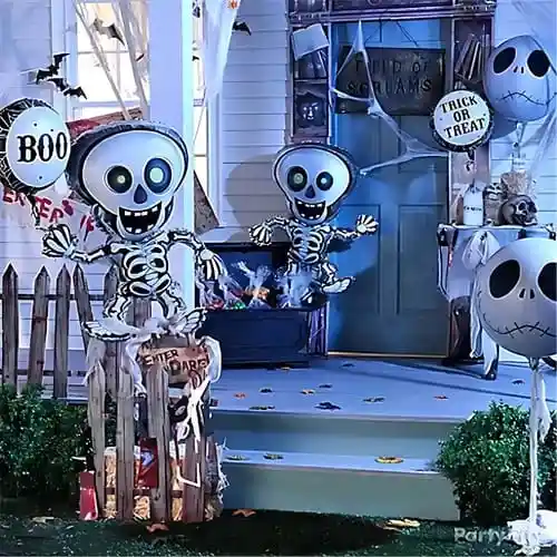 Globo Metalizado Esqueleto Blanco Decoración Halloween Mediano 50x40cm