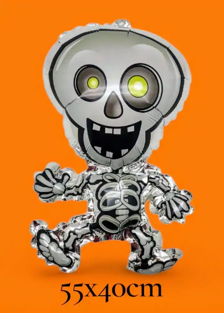 Globo Metalizado Esqueleto Blanco Decoración Halloween Mediano 50x40cm
