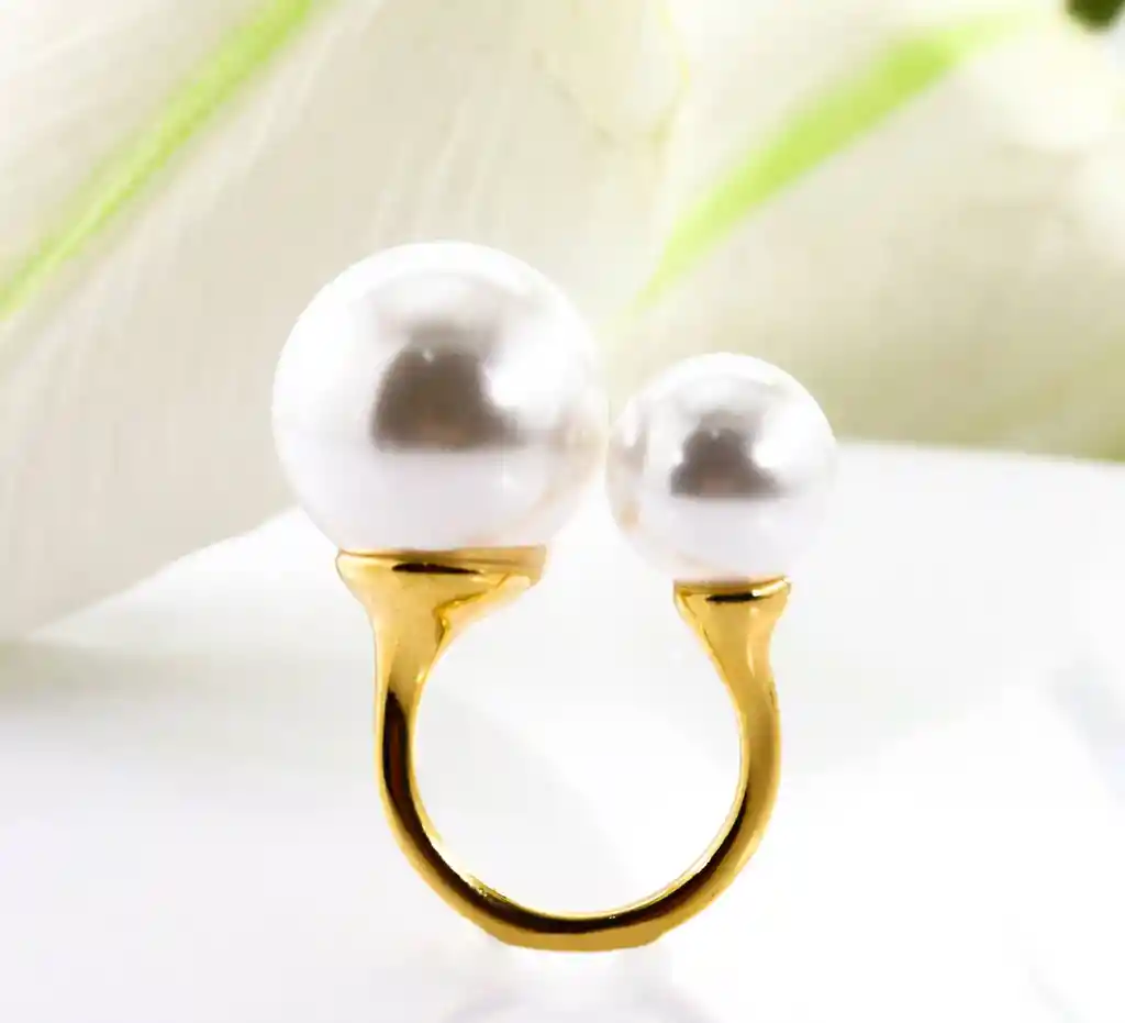 Anillo Maxi Doble Perla Dorado En Rodio