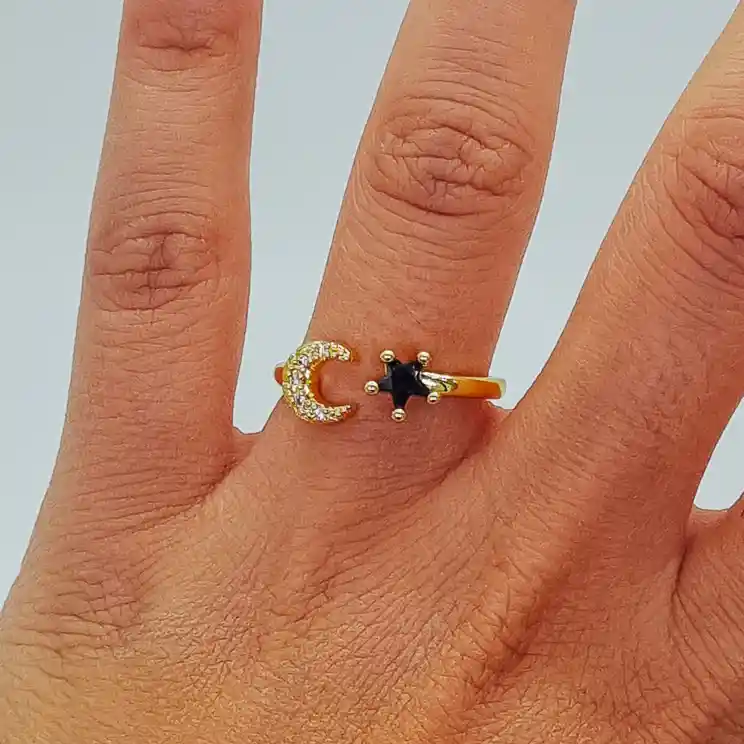 Anillo Luna Y Estrella En Rodio