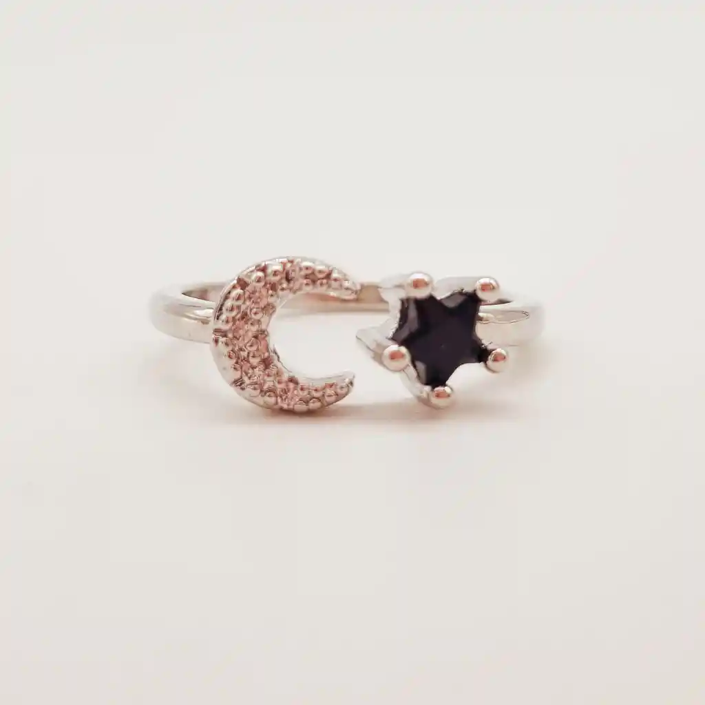 Anillo Luna Y Estrella En Rodio