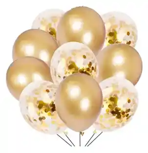Paquete Por 12 Unidades De Globos Bombas R-9 Color Dorado Y Transparentes