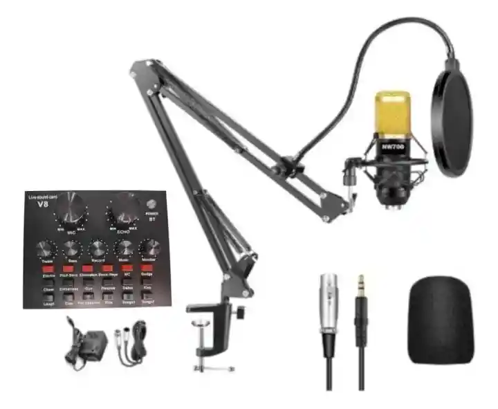 Combo Micrófono Condensador Tarjeta Sonido Filtro Anti-pop Amarillo