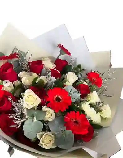 Rosas Y Gerberas Rojas Con Rosa Spray Blanca
